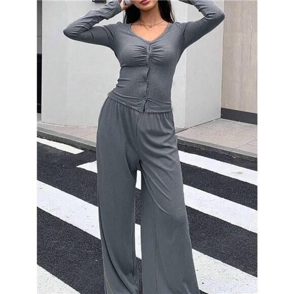 A Classy Chic Boutique Pants - Button-Down Top & Wide Leg Pants Set